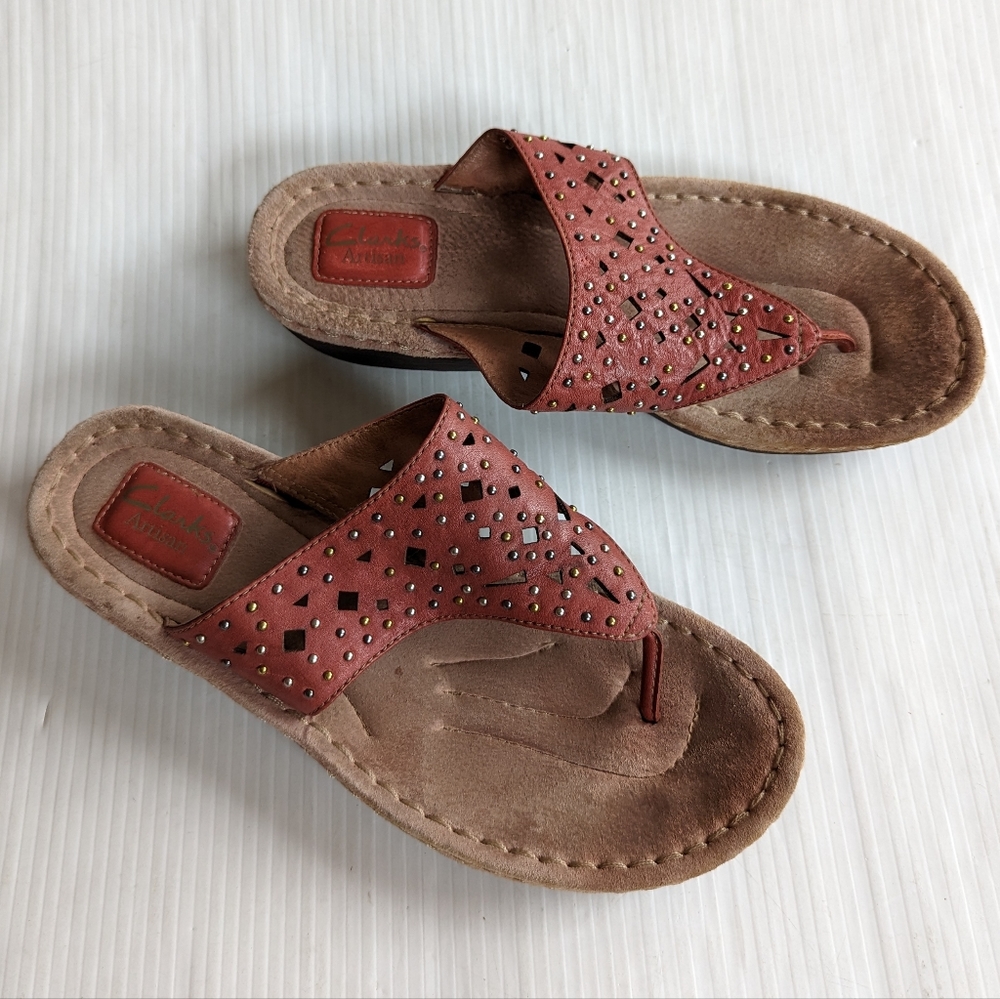 CLARKS studded embellished red leather platform comfort Thong Sandals Size 10 - Picture 6 of 9
